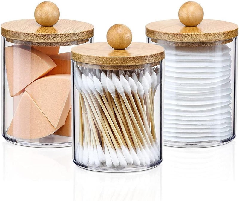 DIYOHFE 3PCS Acrylic Qtip Dispensers Holders With Wood lid, Clear Bathroom Round Countertop Storage Organizer Canister for Cotton Balls,Swabs,Pads,Bath Salts ,Makeup Sponges,Tooth Floss - Image 1